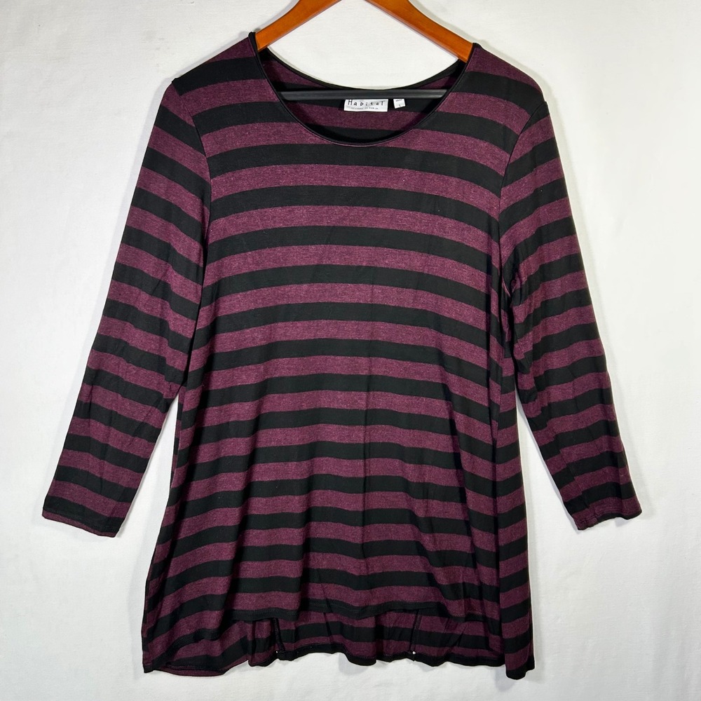 Habitat Clothes to Live In Purple Black Striped 3/4 Sleeve High Low Top Large